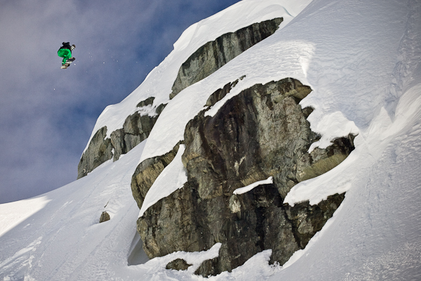 Kale Stephens spins of a cliff near Pemberton British Columbia.
